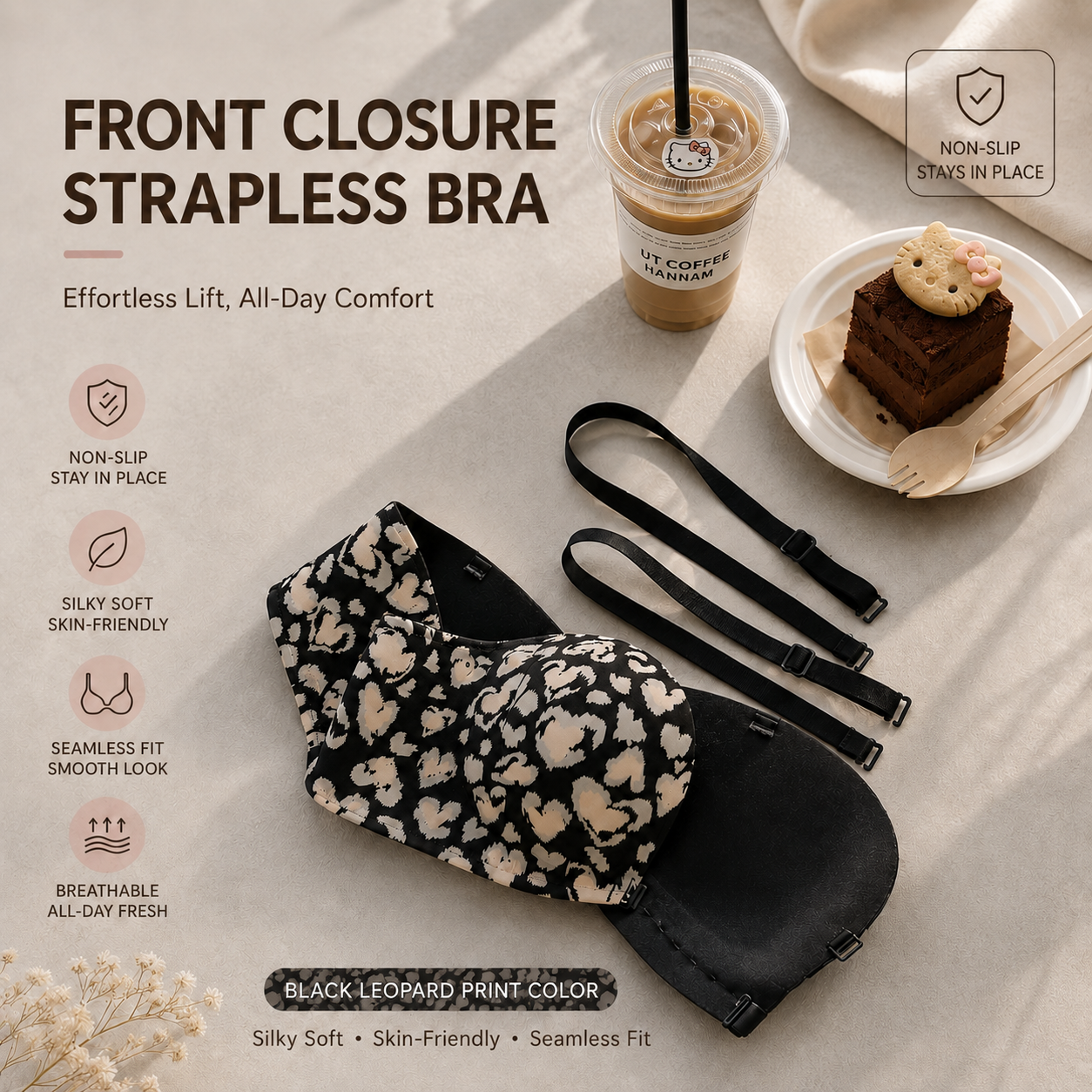 🔥  Front Closure Strapless Bra with Non-Slip Push-Up Support for Seamless All-Day Comfort