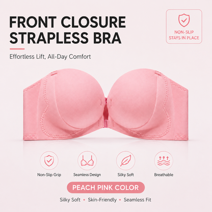 🔥  Front Closure Strapless Bra with Non-Slip Push-Up Support for Seamless All-Day Comfort