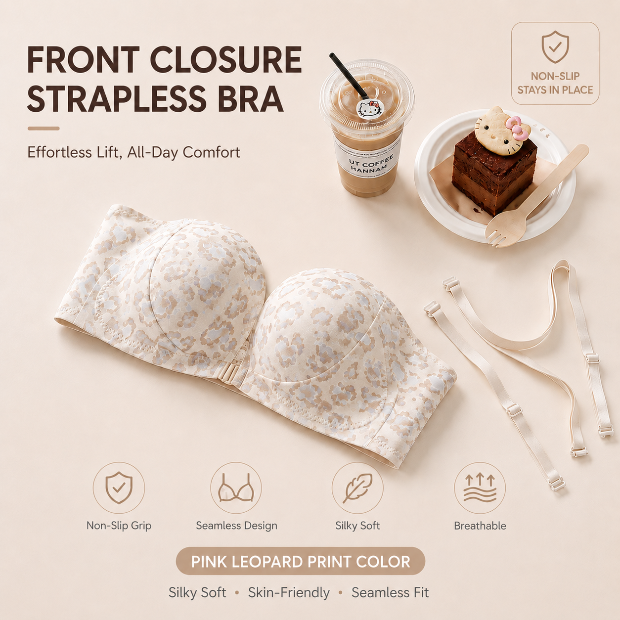 🔥  Front Closure Strapless Bra with Non-Slip Push-Up Support for Seamless All-Day Comfort