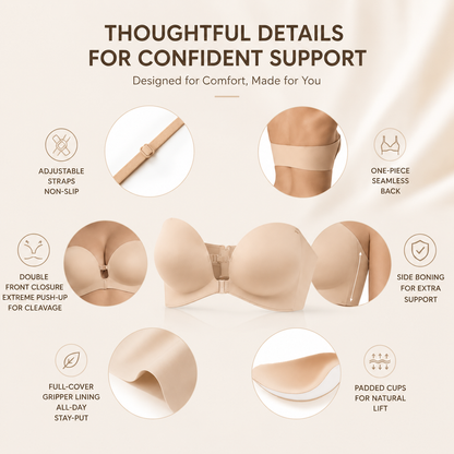🔥  Front Closure Strapless Bra with Non-Slip Push-Up Support for Seamless All-Day Comfort